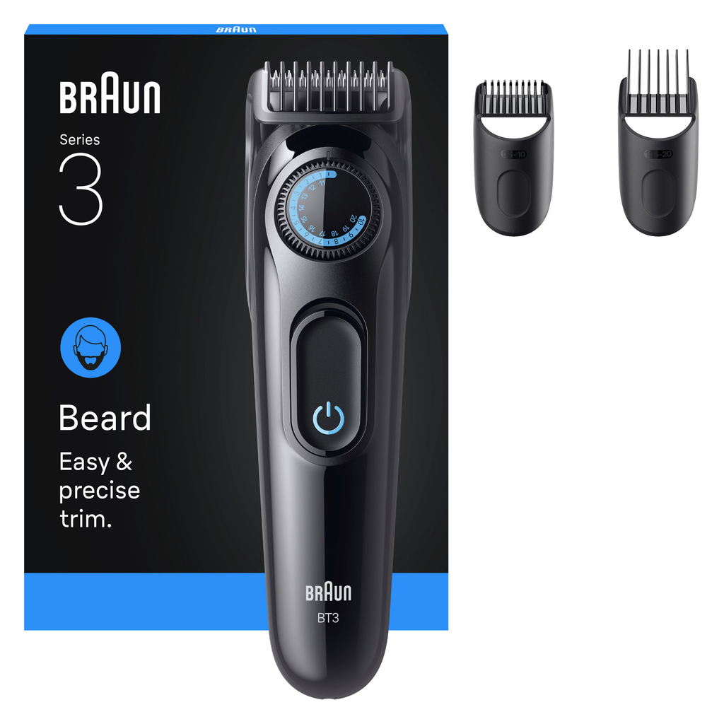 Braun Series 3 Beard Trimmer BT3520 Cordless/Corded Black/Blue 3 Attachments