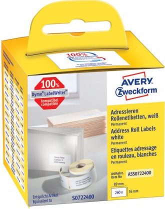 Avery Zweckform - Papier - permanenter Klebstoff - white - 36 x 89 mm 260 Etikett(en) (1 Rolle(n) x 260) rechteckige Etiketten (ASS0722400)