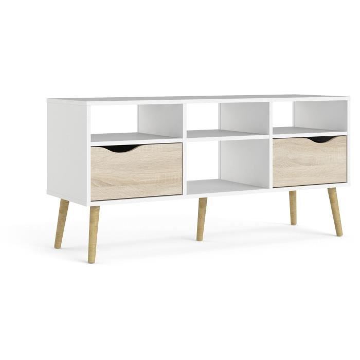 TV Stand - 4 Shelves, 2 Drawers - White/Oak - 117.2 x 39.1 x 57.4 cm ARO