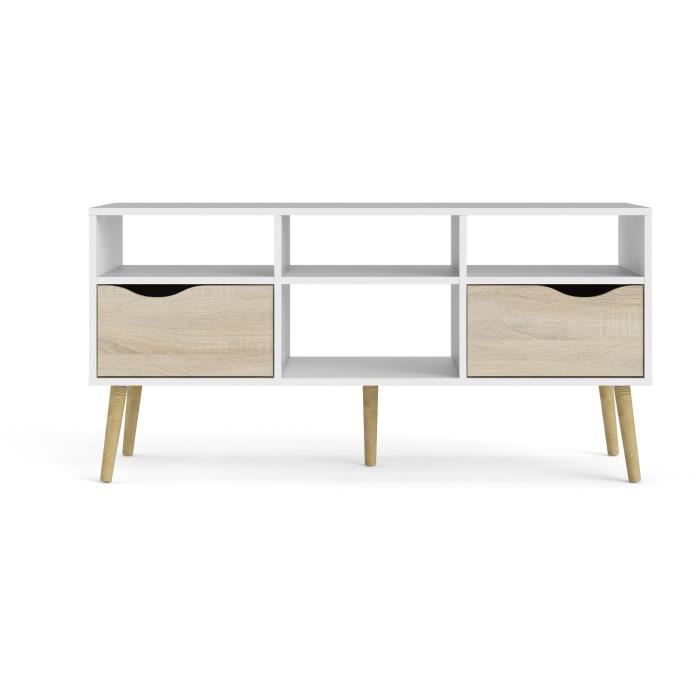 TV Stand - 4 Shelves, 2 Drawers - White/Oak - 117.2 x 39.1 x 57.4 cm ARO