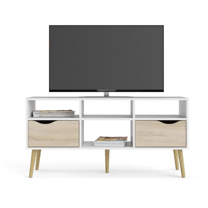 TV Stand - 4 Shelves, 2 Drawers - White/Oak - 117.2 x 39.1 x 57.4 cm ARO