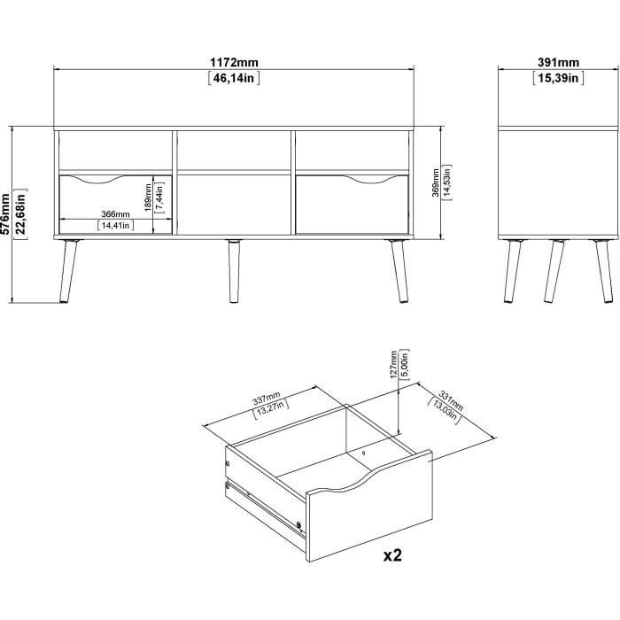 TV Stand - 4 Shelves, 2 Drawers - White/Oak - 117.2 x 39.1 x 57.4 cm ARO