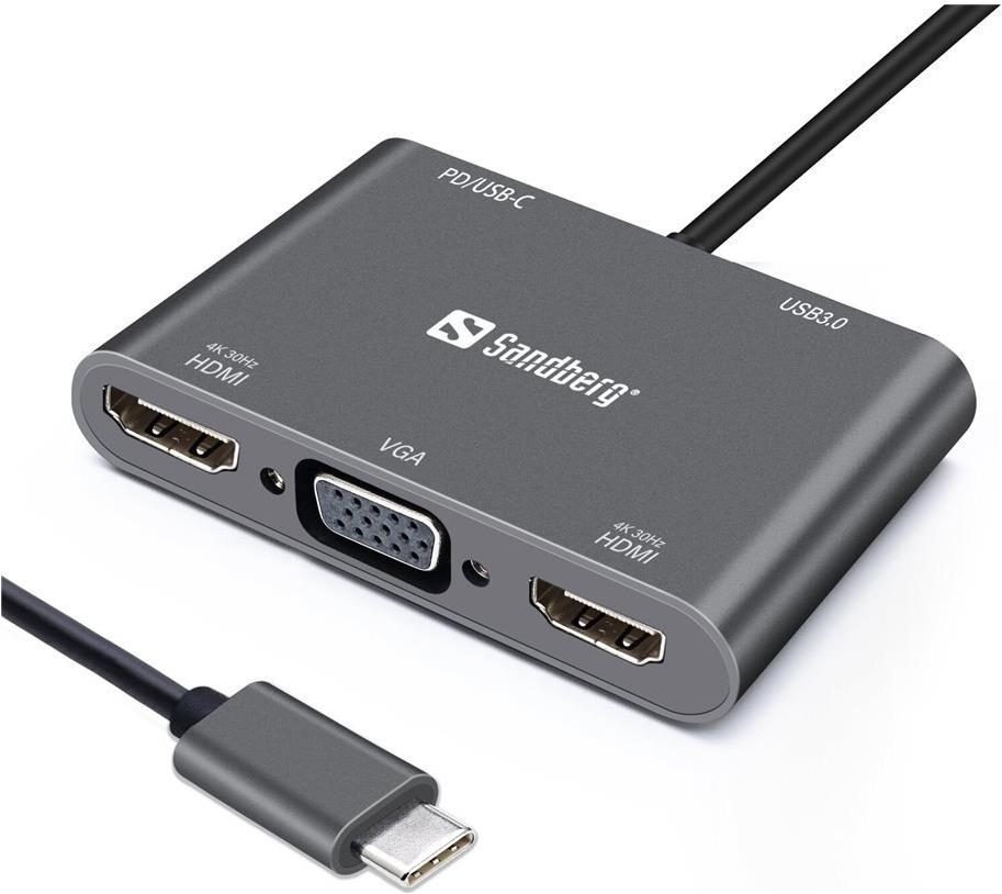 Sandberg USB-C Dock - 2xHDMI + 1xVGA + USB + PD - Wired - Grey - 4K Ultra HD (136-35)
