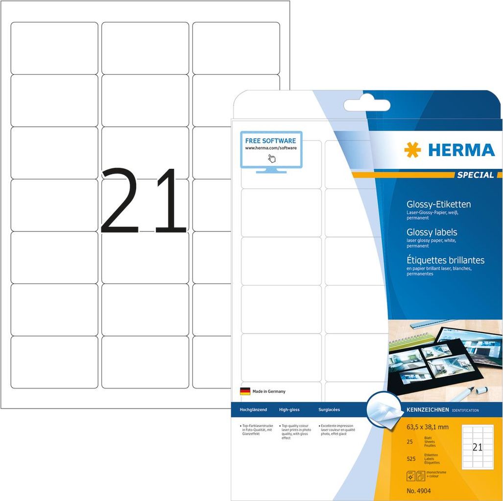 HERMA Special - Hochglänzende, permanent selbstklebende Papieretiketten - weiß - 63,5 x 38,1 mm - 525 Etikett(en) (25 Bogen x 21) (4904)