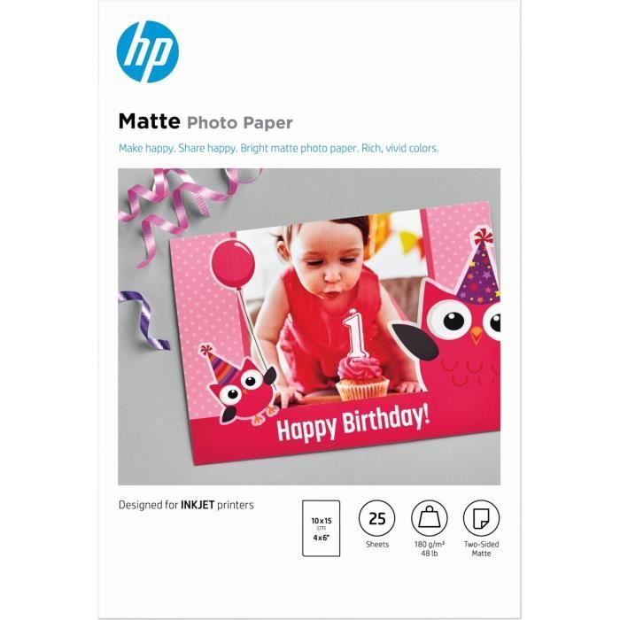 HP Matte Photo Paper - 180 g/m² - 10 x 15 cm - 25 Sheets (7HF70A) g/m2
