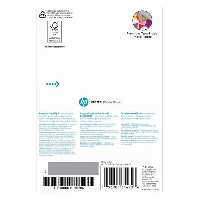HP Matte Photo Paper - 180 g/m² - 10 x 15 cm - 25 Sheets (7HF70A) g/m2