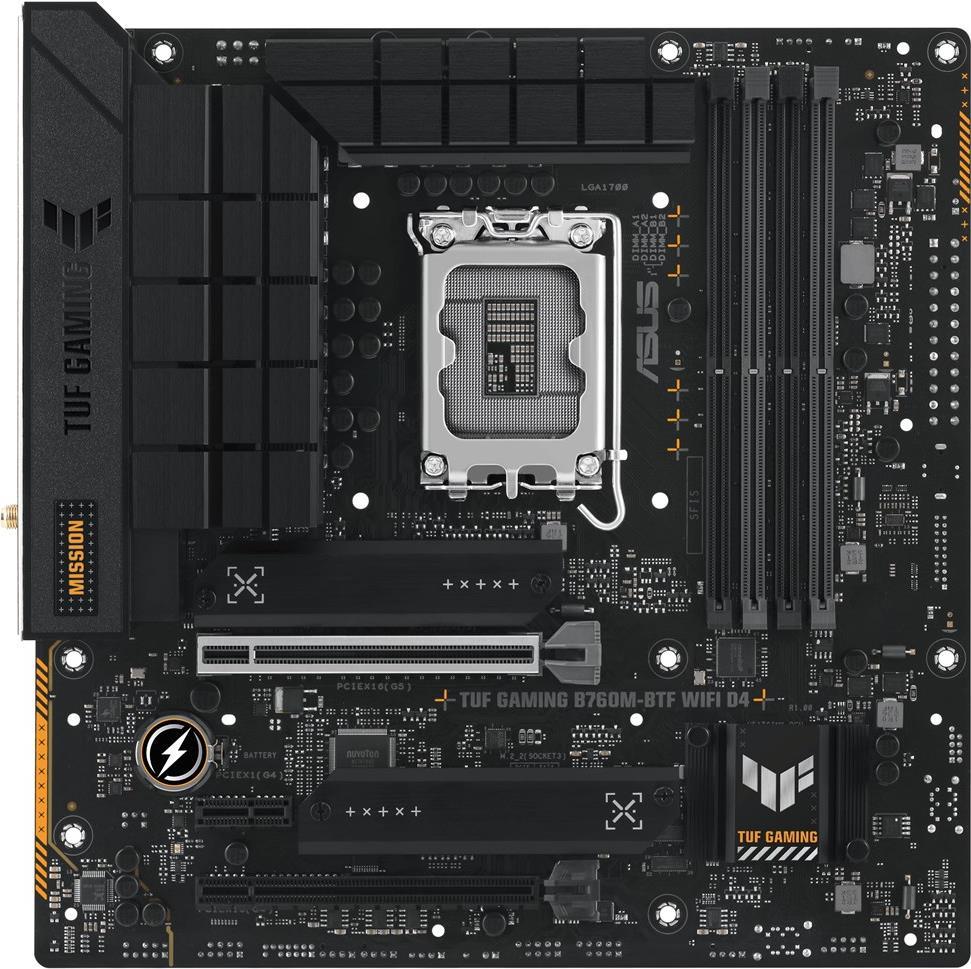 ASUS TUF GAMING B760M-BTF WIFI D4 - Motherboard - micro ATX - LGA1700-Sockel - B760 Chipsatz - USB 3,2 Gen 1, USB 3,2 Gen 2, USB-C 3,2 Gen2, USB-C 3,2 Gen 2x2, USB-C 3,2 Gen 1 - 2,5 Gigabit LAN, Wi-Fi 6, Bluetooth - Onboard-Grafik (CPU erfo