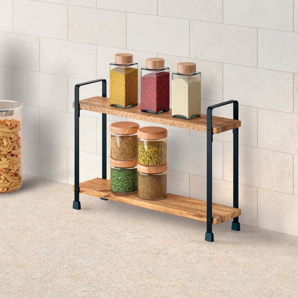 Metaltex York Lava Spice Rack 2 Tiers 8x34x23 cm Acacia Wood/Black Metal
