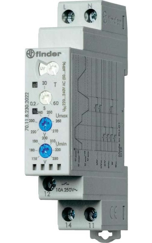 Finder Netzüberwachungsrelais 70.11.8.230.2022 70.11.8.230.2022 1-Phasen-Netzüberwachung (220 - 240 V/AC), Unterspannung (70.11.8.230.2022) afbeelding 1