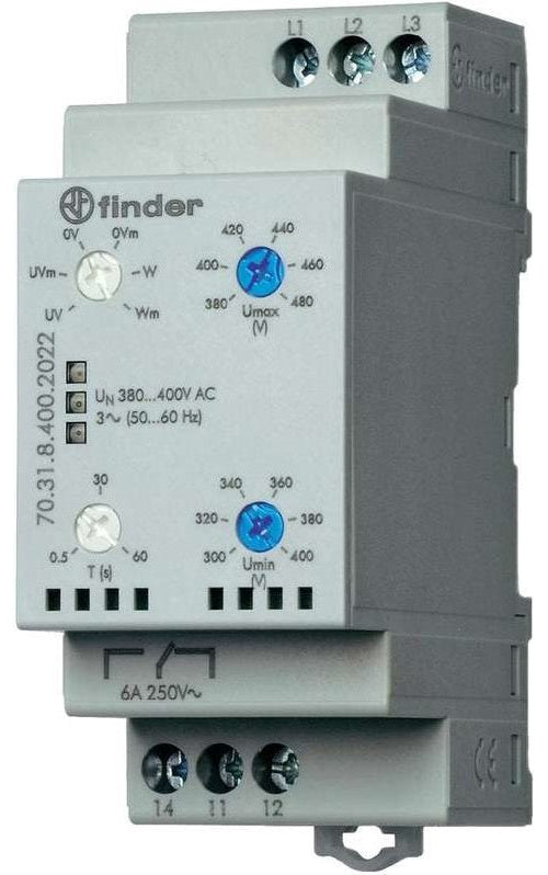 Finder Netzüberwachungsrelais 70.31.8.400.2022 70.31.8.400.2022 3-Phasen-Netzüberwachung (380 - 415 V/AC), Unterspannung (70.31.8.400.2022) afbeelding 1
