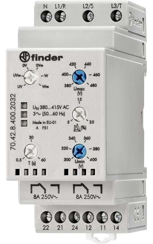 Finder Netzüberwachungsrelais 70.42.8.400.2032 70.42.8.400.2032 3-Phasen-Netzüberwachung (380 - 415 V/AC), N-Leiter-Über (70.42.8.400.2032) afbeelding 1