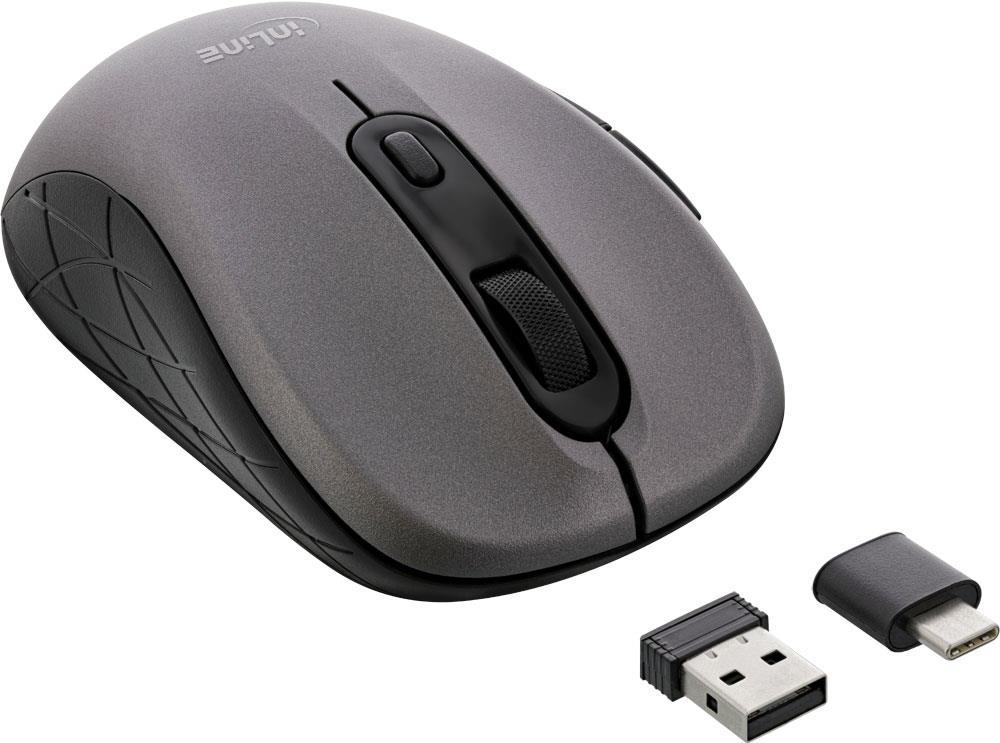 InLine 3-in-1 Mouse - Optical - 5 Buttons - Wireless - 2.4 GHz, Bluetooth 4.0 - USB/ USB-C Wireless Receiver - Grey/Black (55363)