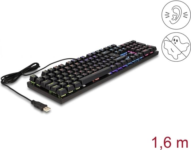 Delock Mechanical Gaming Keyboard, Wired 1.6 m, RGB Lighting - Backlit - USB - QWERTZ - German - Black - Retail (12115)