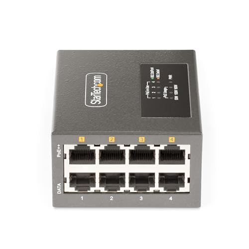 StarTech.com 4-Port Multi-Gigabit PoE Injector, 802.3af/802.3at/802.3bt, 5Gbps NBASE-T, 160W Power Budget, Wall and DIN Rail Mountable (AS445C-POE-INJECTOR)
