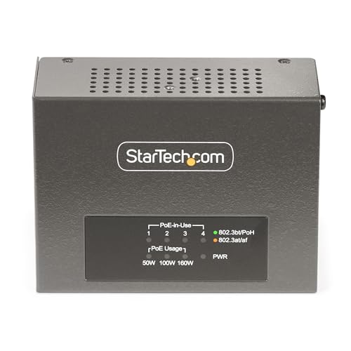StarTech.com 4-Port Multi-Gigabit PoE Injector, 802.3af/802.3at/802.3bt, 5Gbps NBASE-T, 160W Power Budget, Wall and DIN Rail Mountable (AS445C-POE-INJECTOR)