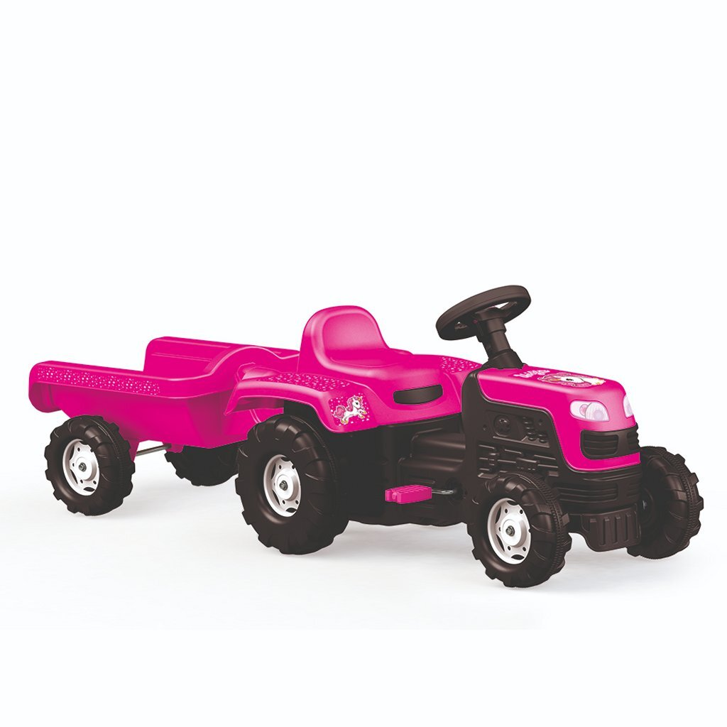 Dolu Unicorn Pedal Tractor with Trailer Pink/Black - Kids Ride-On Toy