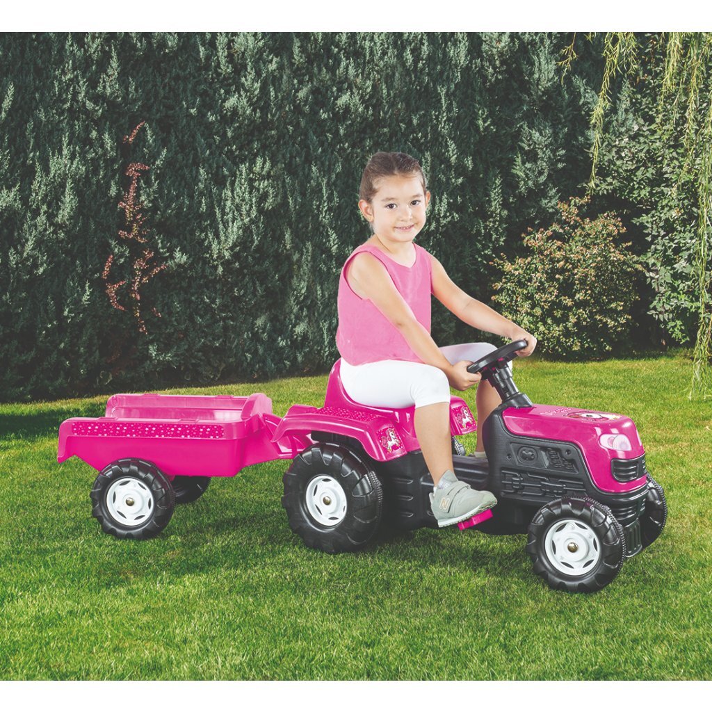 Dolu Unicorn Pedal Tractor with Trailer Pink/Black - Kids Ride-On Toy
