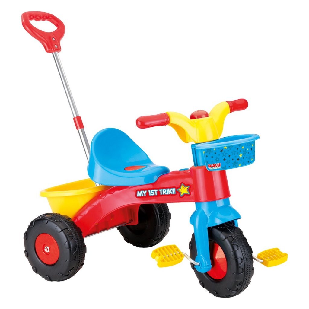 Dolu My First Tricycle with Push Handle - Suitable for Children from 2 Years - Blue/Red/Yellow 90x45x84