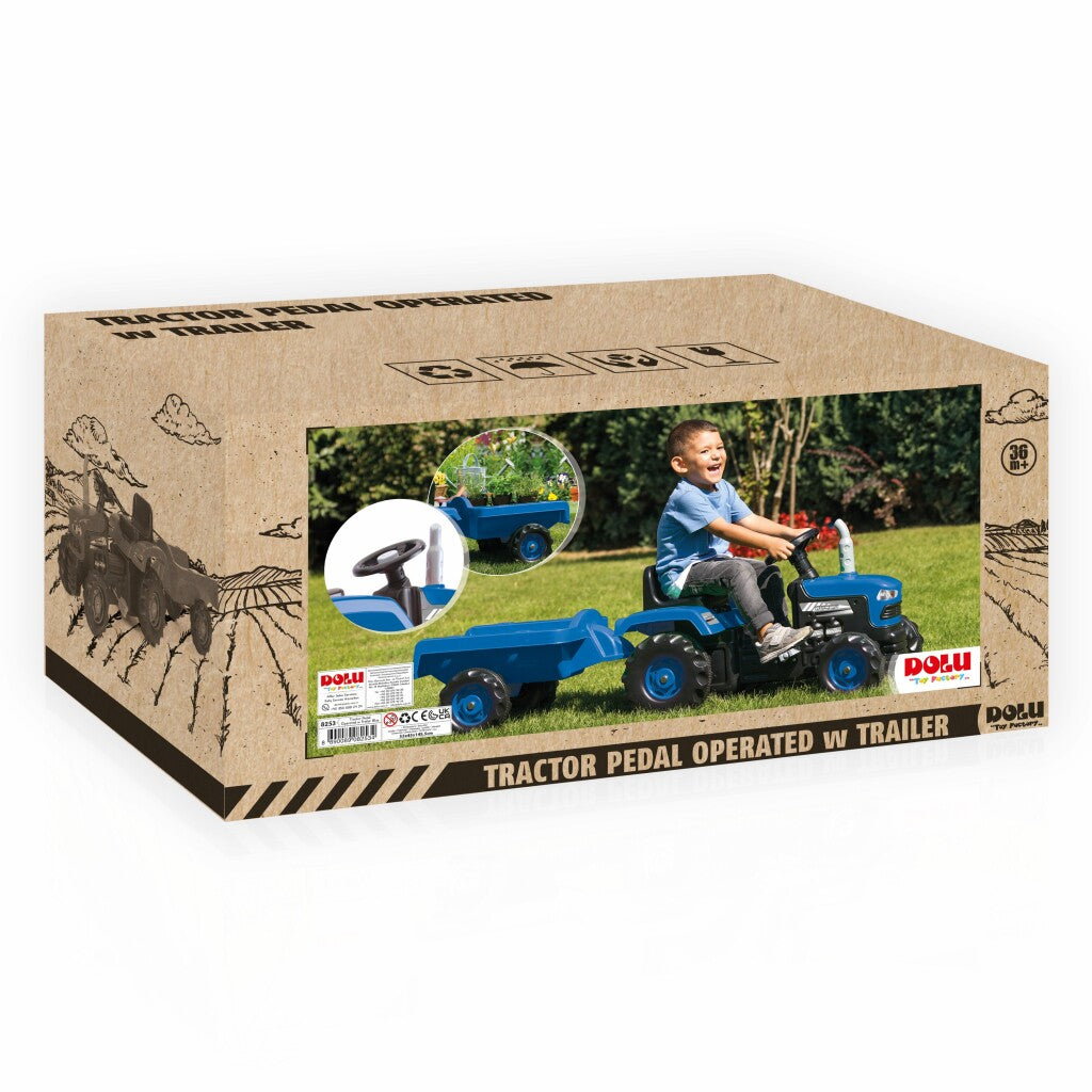 Dolu Pedal Tractor with Trailer & Horn Blue/Black - Dimensions 53 x 143 x 45 cm - For Children 3 Years+