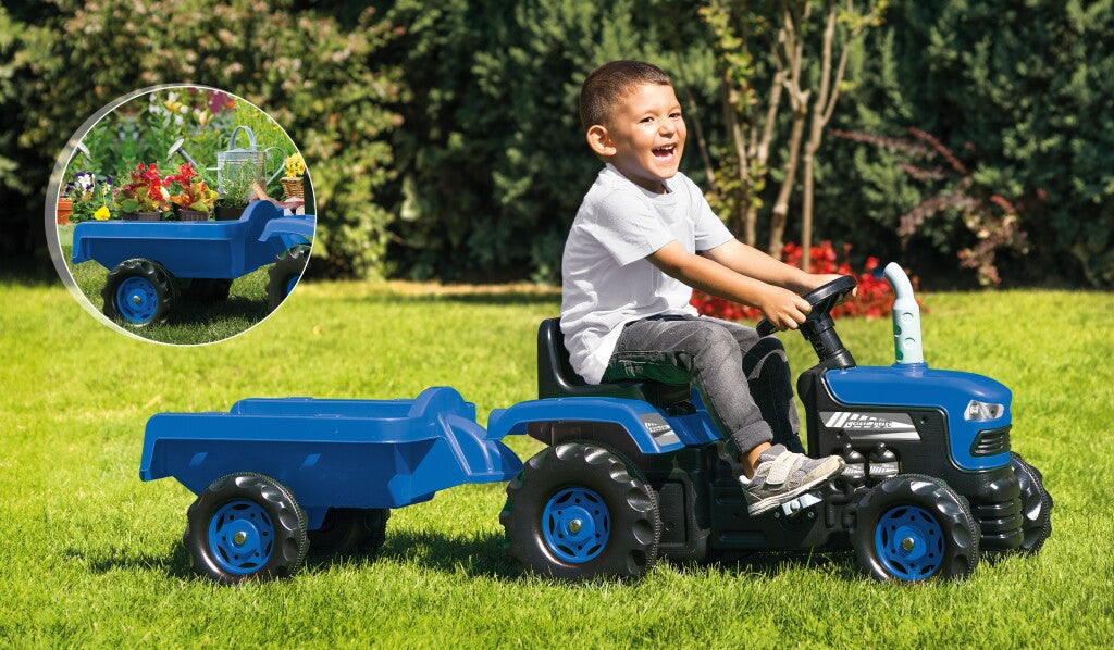 Dolu Pedal Tractor with Trailer & Horn Blue/Black - Dimensions 53 x 143 x 45 cm - For Children 3 Years+