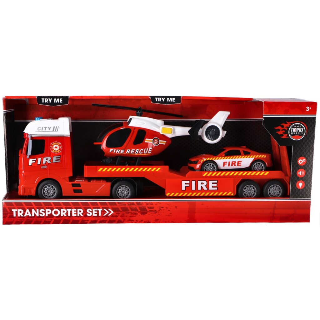 Rapid Wheels Fire Department Car Transporter with Car and Helicopter, Light and Sound