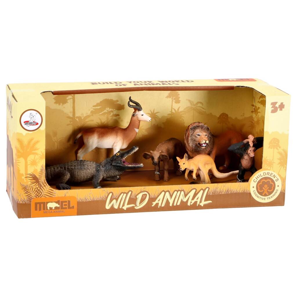 Wild Animals 6-Piece Playset - Includes Alligator, Chimpanzee, Lion, Antelope, Kangaroo, Buffalo Calf