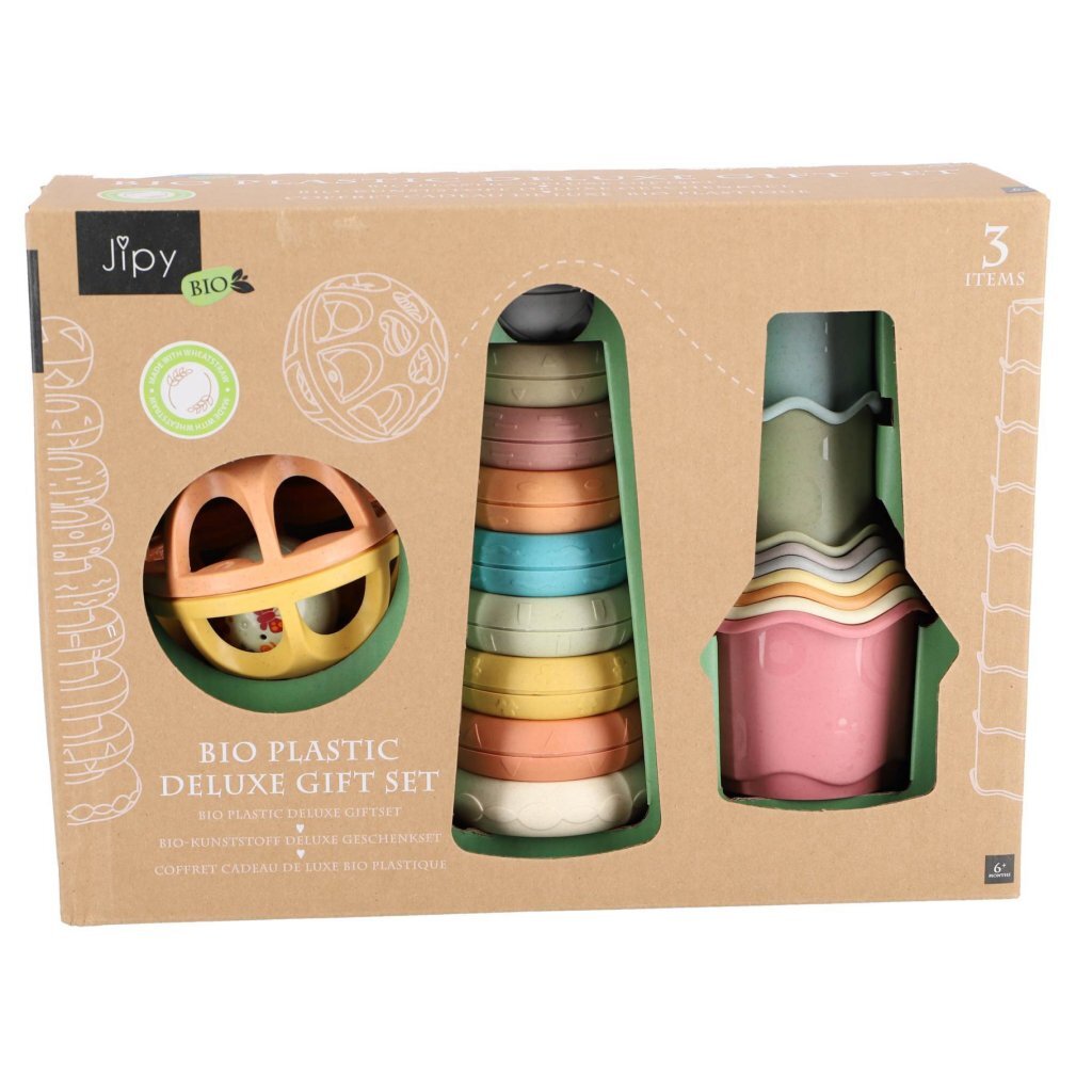 Jipy Bioplastic Gift Set Stacking Tower Bath Cups + Play Rattleball
