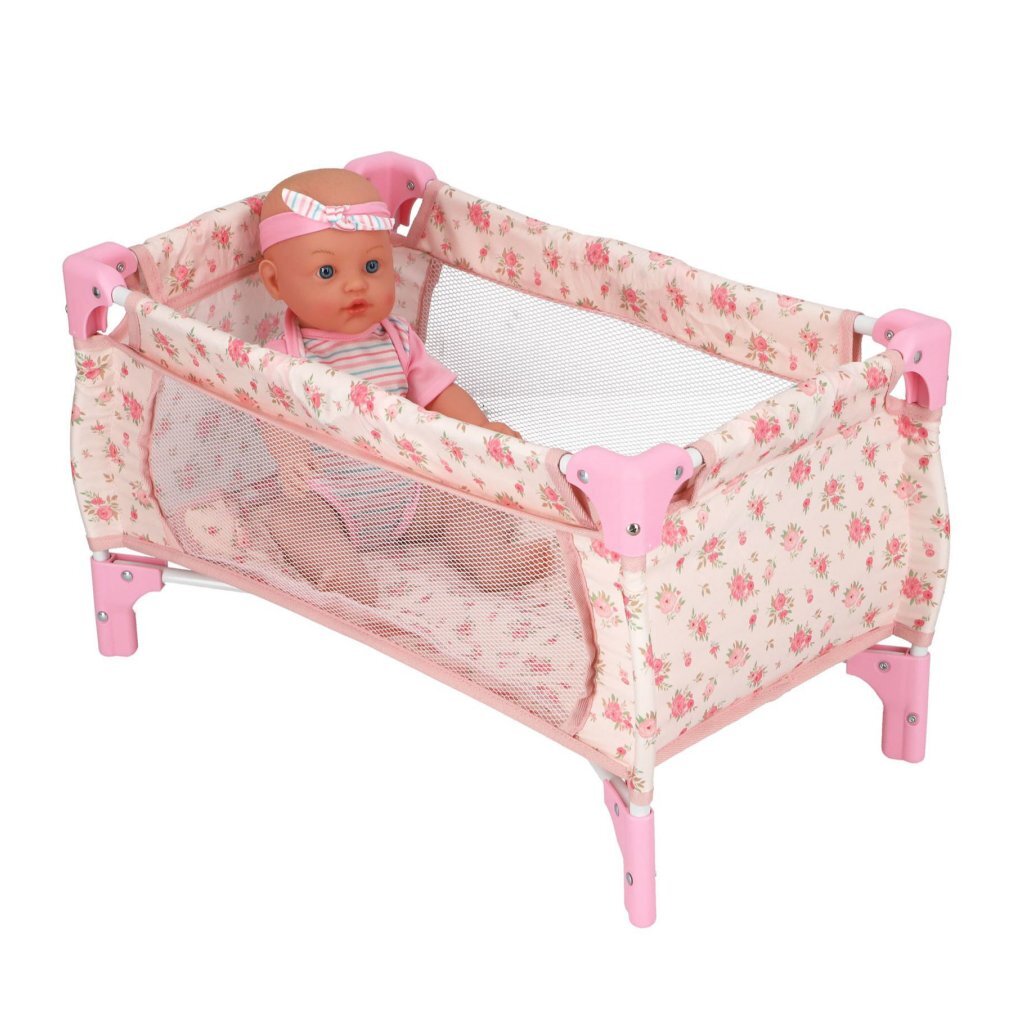 Foldable Doll Bed Floral Pattern Pink