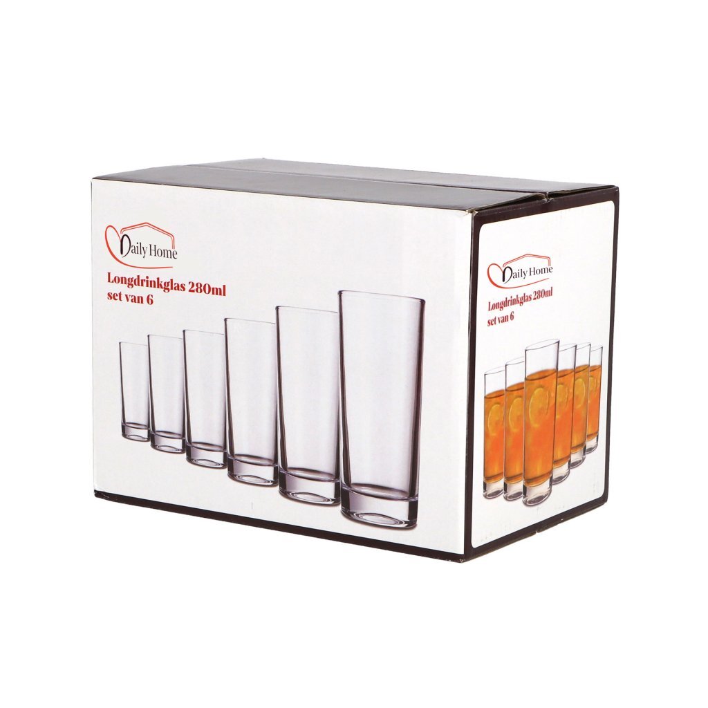 Daily Home Long Drink Glasses 280 ml 6 Pieces Transparent