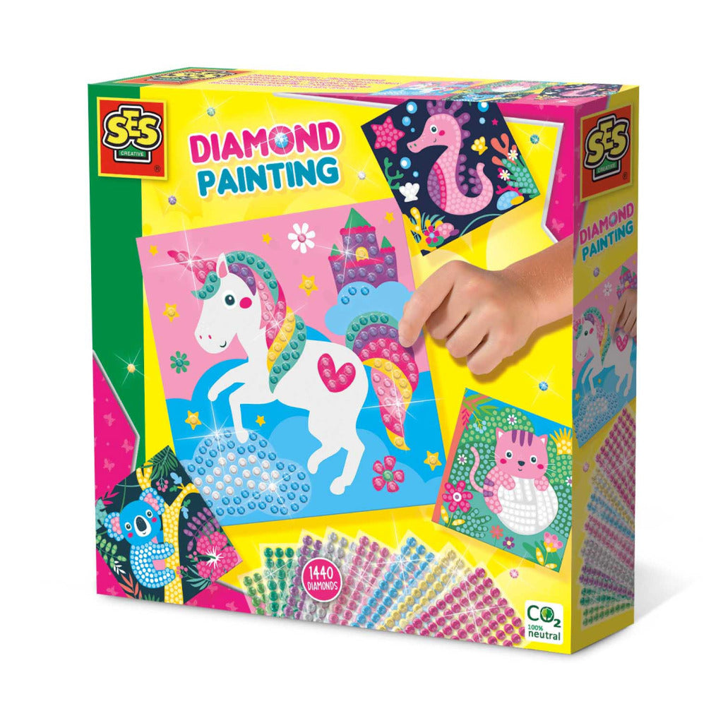 SES Creative Diamond Painting Cheerful Animals - Self-Adhesive Cards for Kids - Age 3+