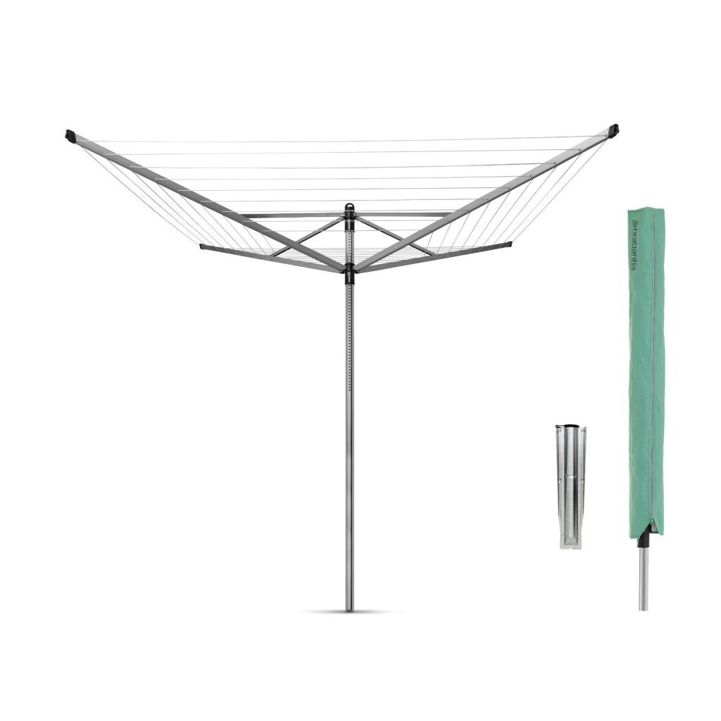 Brabantia Lift-O-Matic Drying Rack 60 m Drying Length + Ground Hook and Cover Metallic Grey