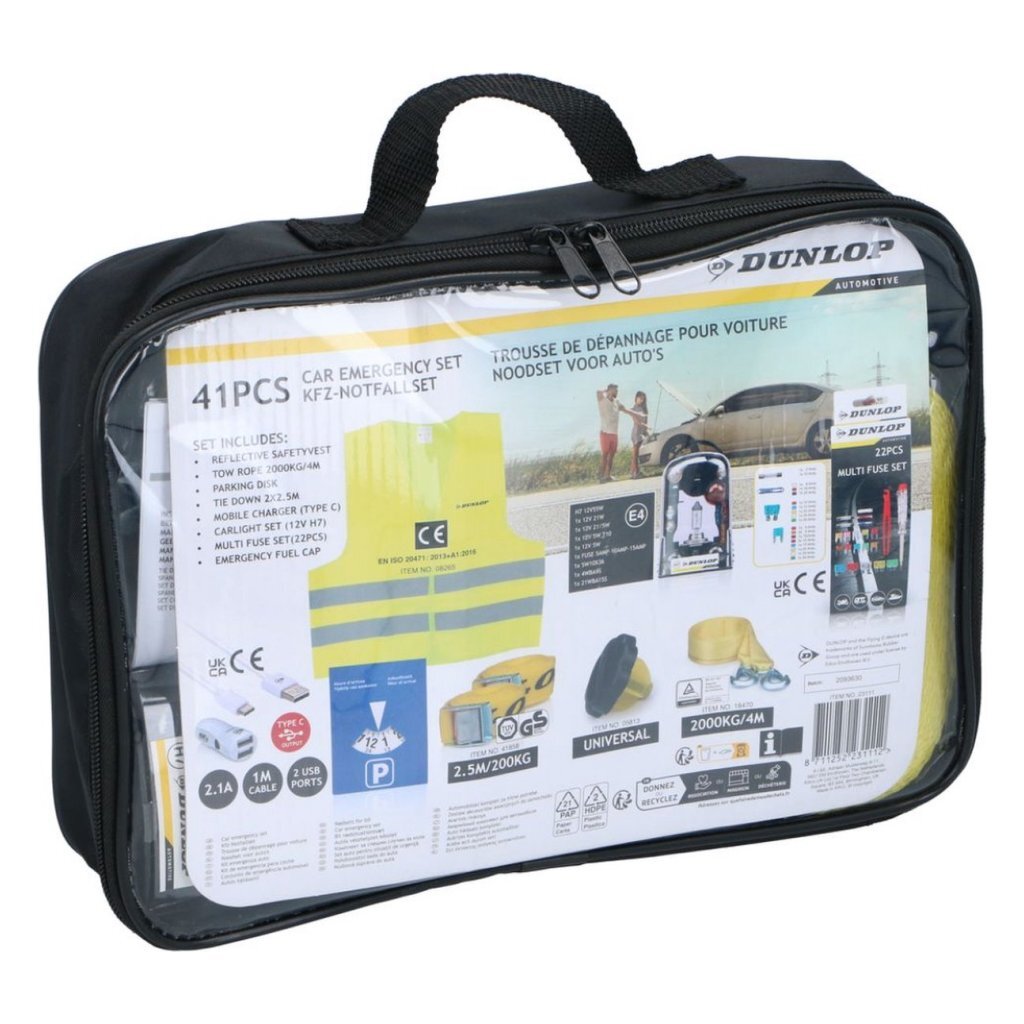 Dunlop Car Emergency Kit 8-Piece - Includes Tow Straps, Reflective Vest, Charger