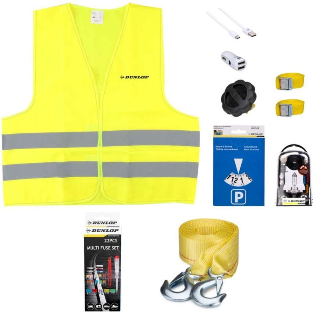 Dunlop Car Emergency Kit 8-Piece - Includes Tow Straps, Reflective Vest, Charger