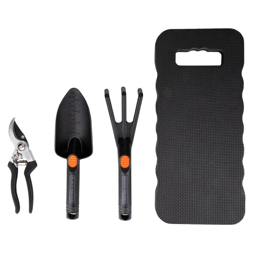 Black&Decker Garden Tool Set 4-Piece with Shovel, Pruning Shears, Fork, Knee Pads