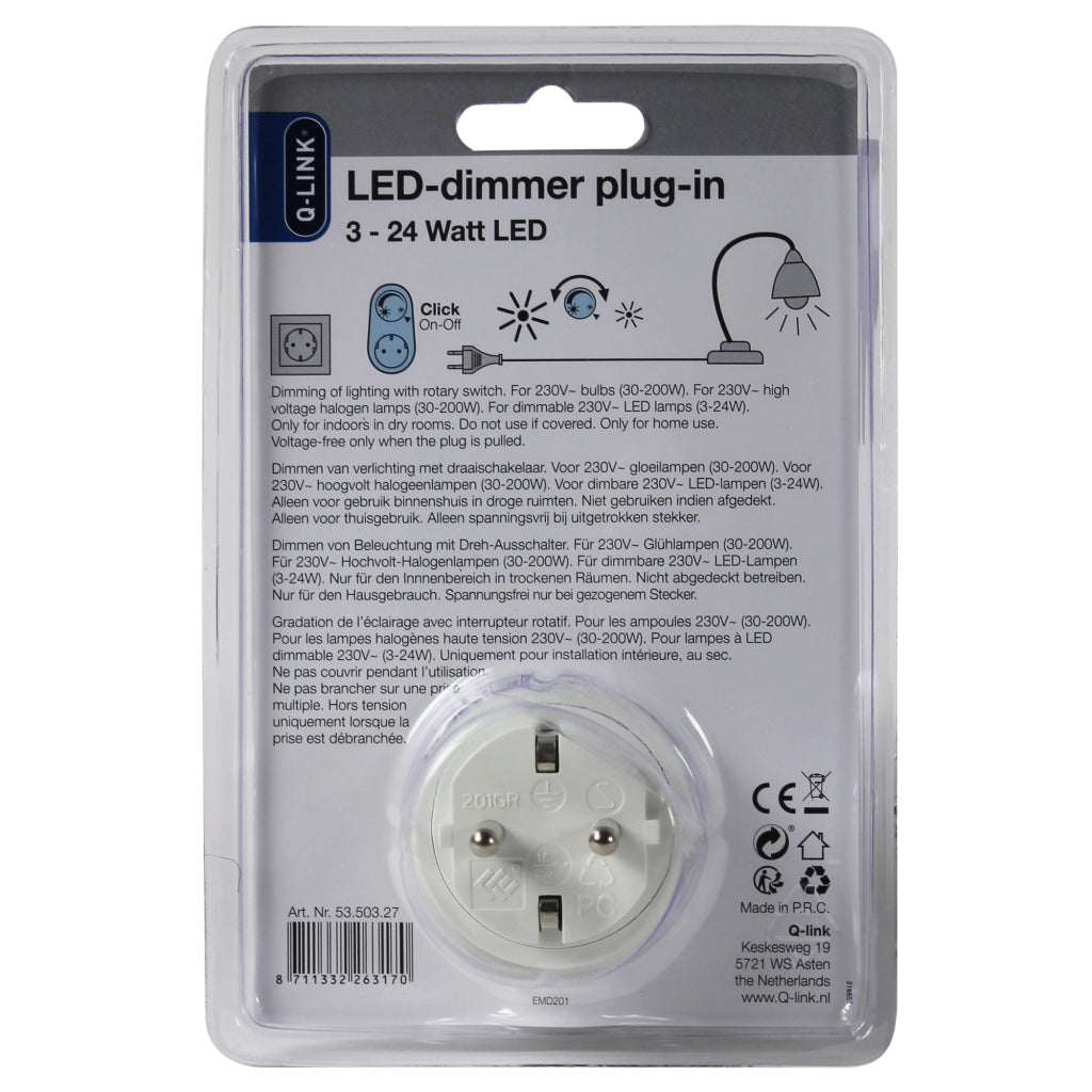 Q-Link Universal Plug-in Dimmer LED 3-24W - Indoor Use, Child Safety Lock