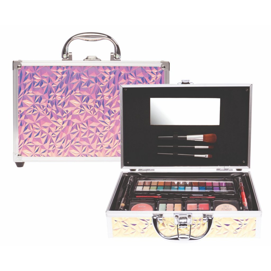 Casuelle Makeup Case - 3D Triangle Holographic Pink - Includes Eyeshadow, Mirror, Brushes, Eye Pencil 3D-Dreieck