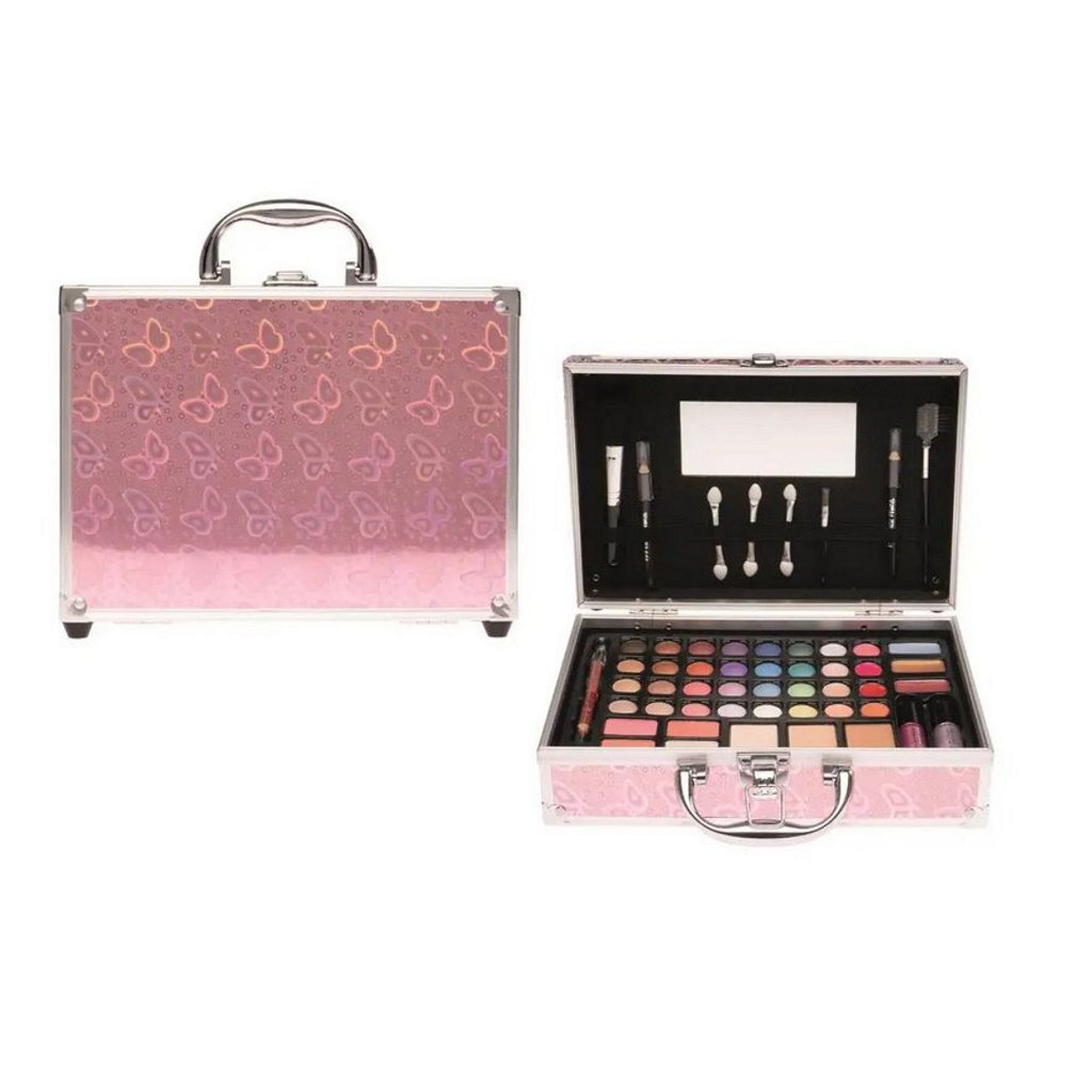 Casuelle Pink Makeup Case with Butterflies, Eyeshadow, Blush, and Brushes