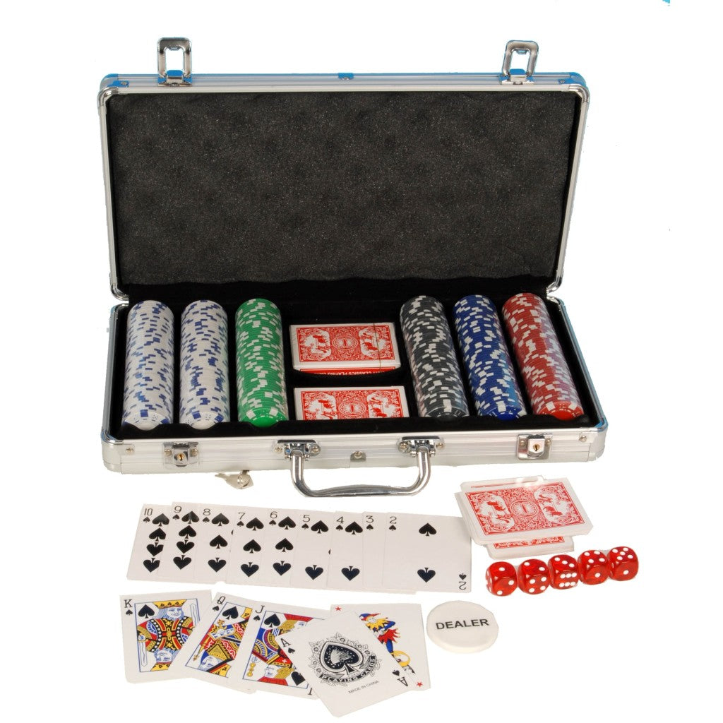 Poker Set in Aluminum Case with 300 Chips, 2 Decks of Cards, 5 Dice