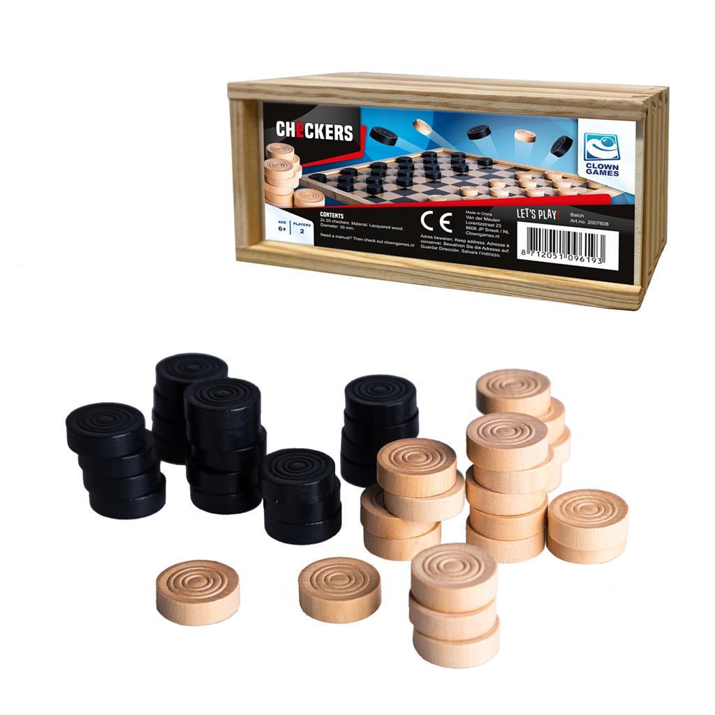 Clown Games Wooden Checkers - 40 Pieces - Diameter 3 cm - Storage Box Included