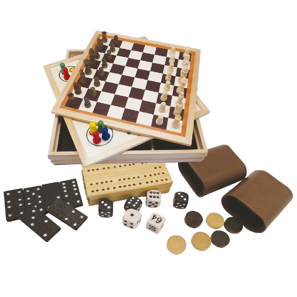 Clown Games 9-in-1 Wooden Game Box - Chess, Checkers, Backgammon & More - 2 to 4 Players
