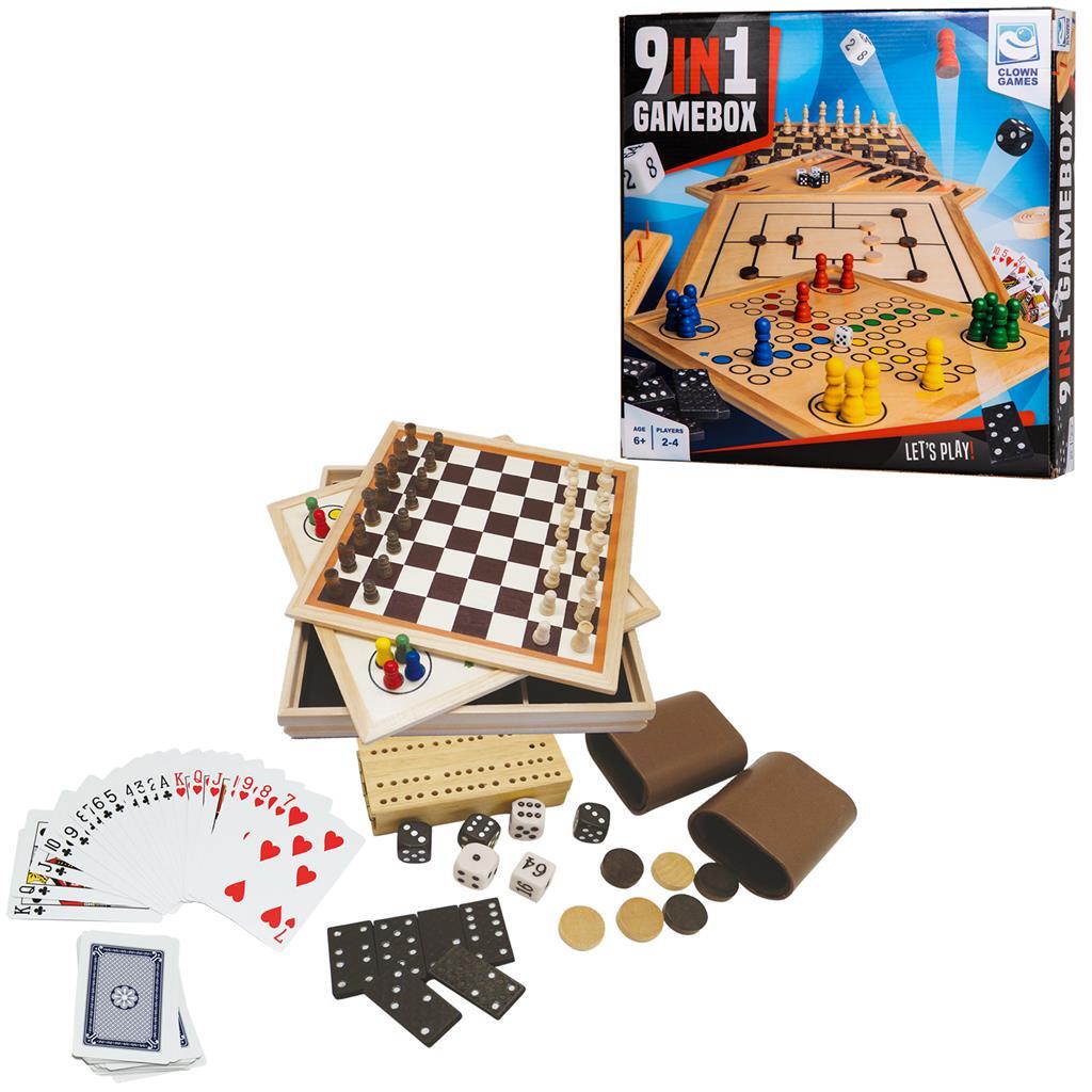 Clown Games 9-in-1 Wooden Game Box - Chess, Checkers, Backgammon & More - 2 to 4 Players