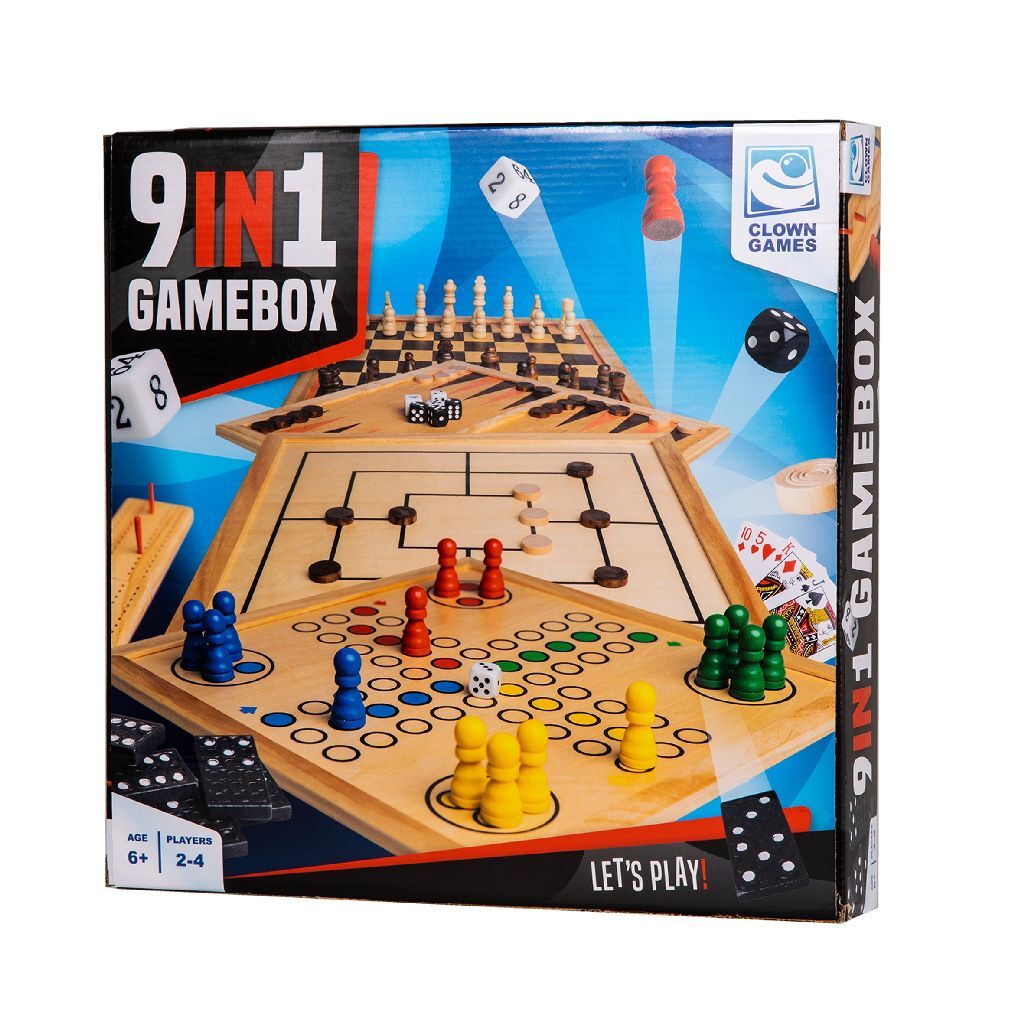 Clown Games 9-in-1 Wooden Game Box - Chess, Checkers, Backgammon & More - 2 to 4 Players