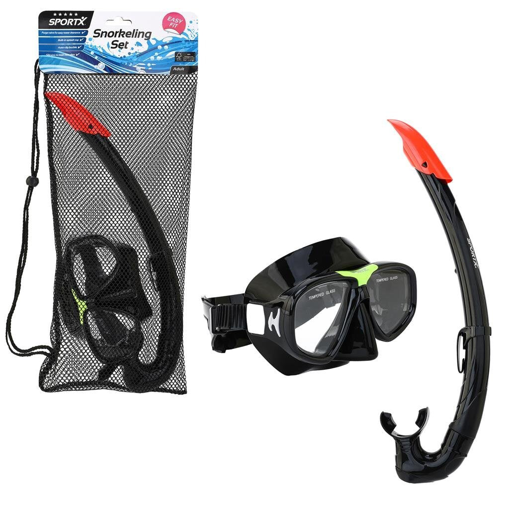 SportX Adult Snorkel Set 5 Stars Black - Safety Glass Lenses - Silicone Leak-proof Seal - Storage Bag