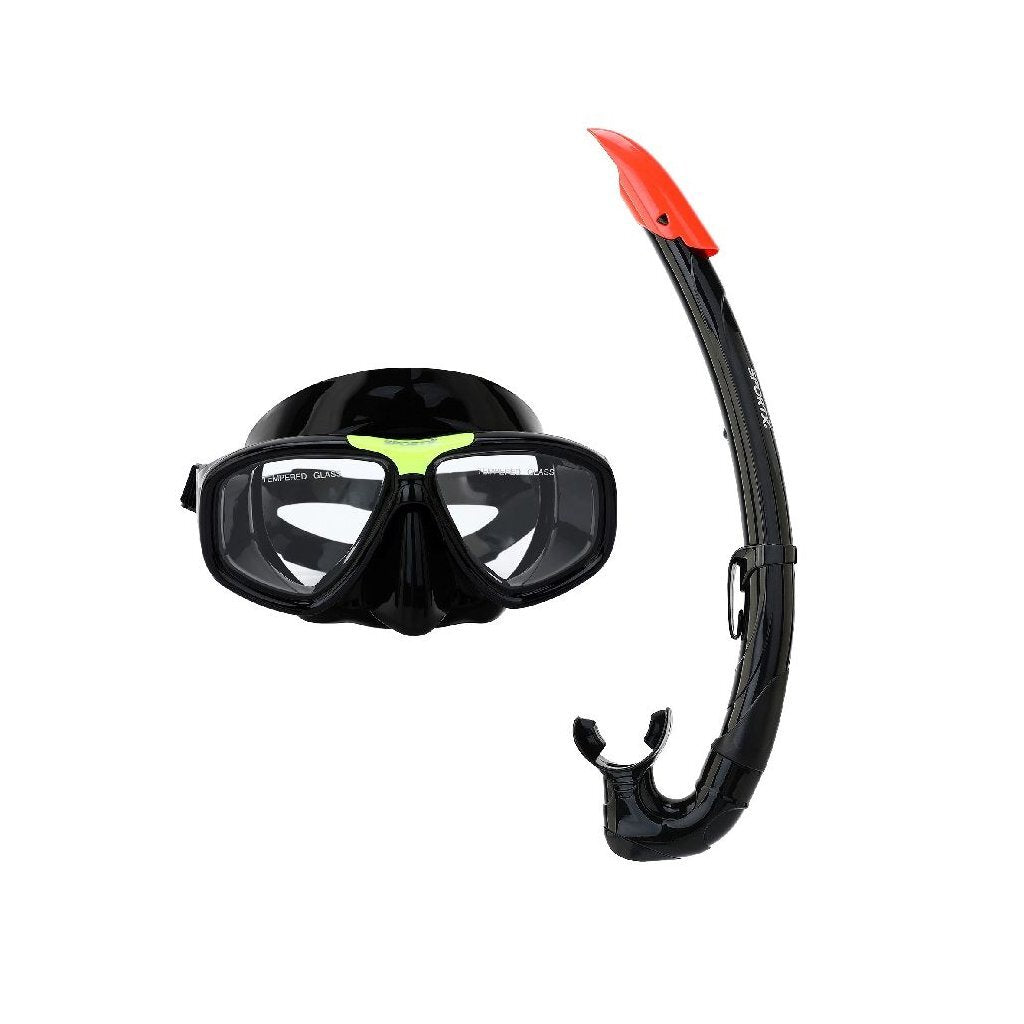 SportX Adult Snorkel Set 5 Stars Black - Safety Glass Lenses - Silicone Leak-proof Seal - Storage Bag
