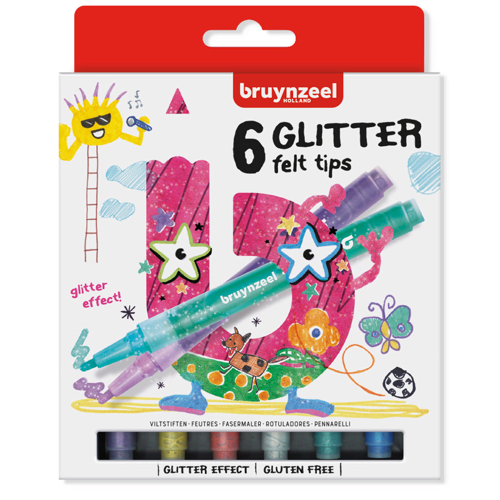 Bruynzeel Glitter Felt-Tip Pens - 6 Pieces, Vibrant Colors, Suitable for Ages 5+