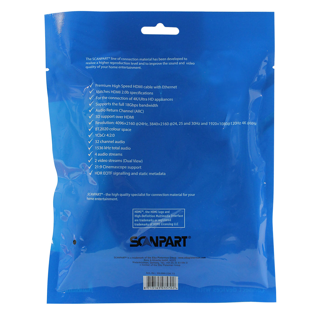 Scanpart HDMI 2.0 Cable 1.5 m - High Speed with Ethernet, 18 Gbps