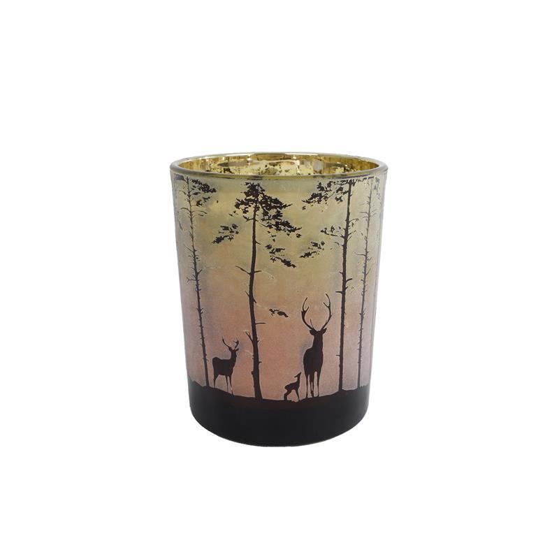 Tealight Holder Forest Deer in Green/Red Glass 12.5x10x10cm