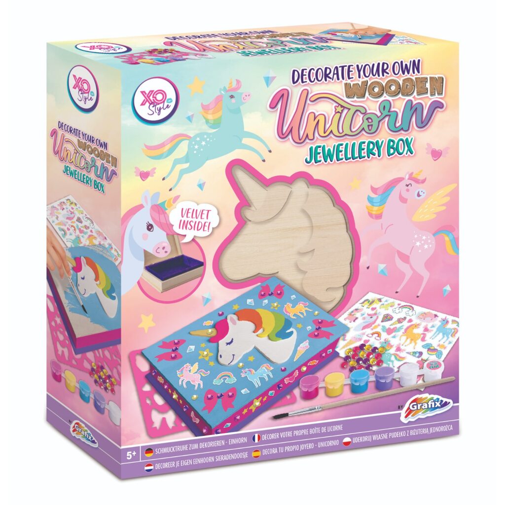 Grafix XO Style Unicorn Wooden Jewelry Box Making - Craft Kit for Kids