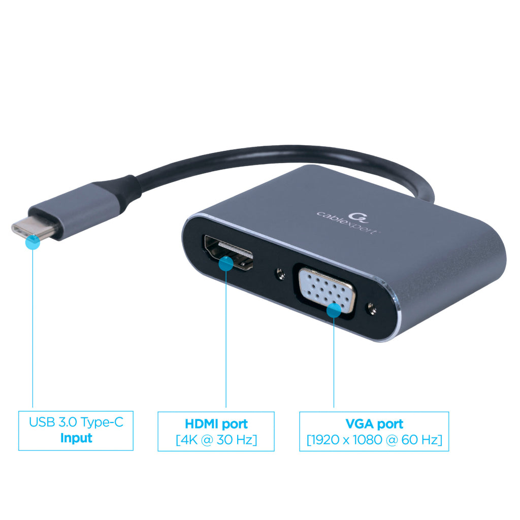 Cablexpert USB-C to HDMI and VGA Adapter - 4K 30Hz - Dark Gray-Black