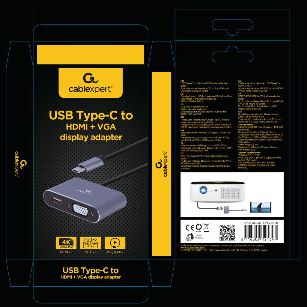 Cablexpert USB-C to HDMI and VGA Adapter - 4K 30Hz - Dark Gray-Black